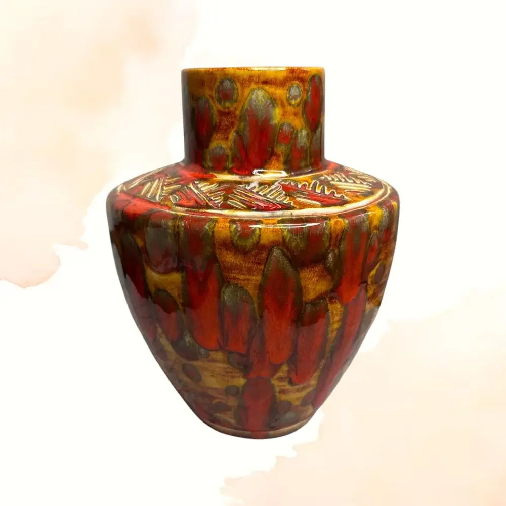 Vintage Signed Studio Pottery Vase Red Orange Glaze MCM Statement 9in